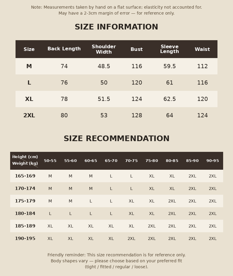 CULTUM cooling modal shirt size chart