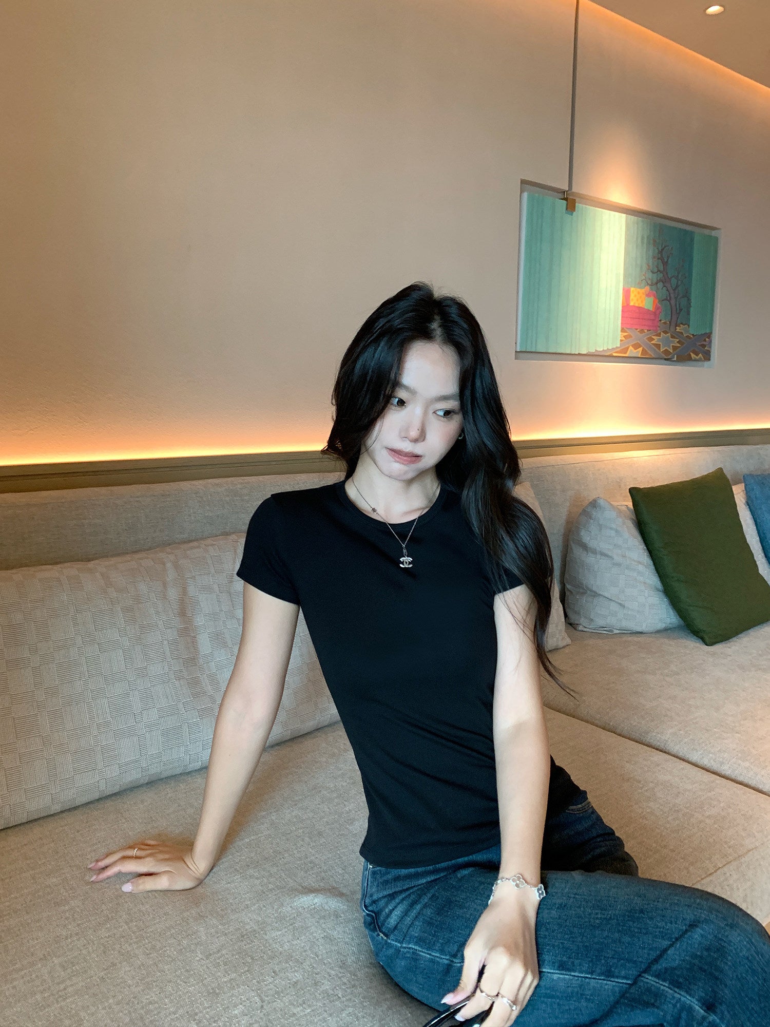Crew-Neck Knit-Shoulder Tee
