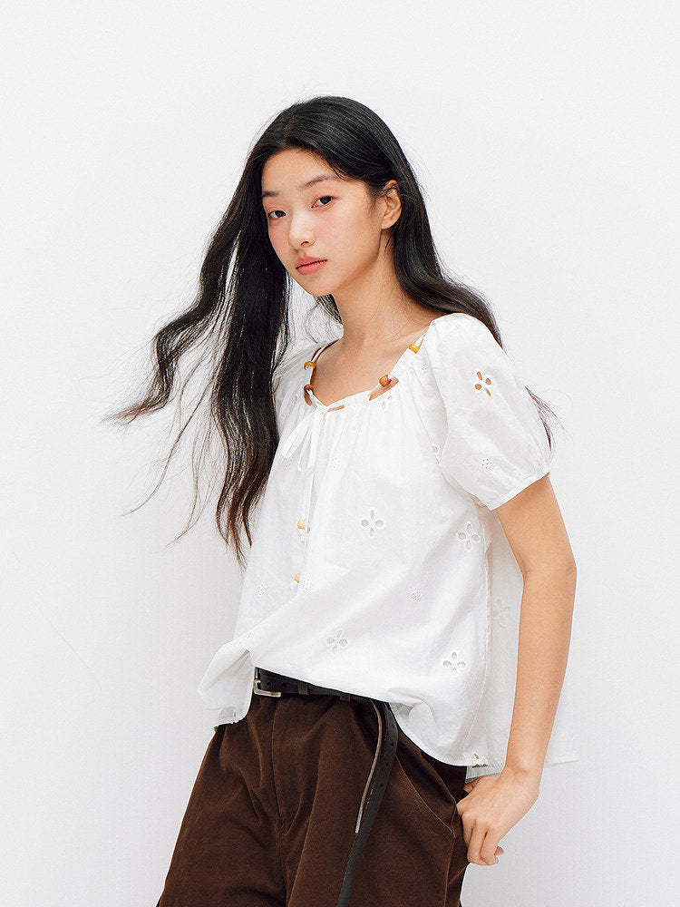 SEMIR puff-sleeve tee, beaded neckline detail