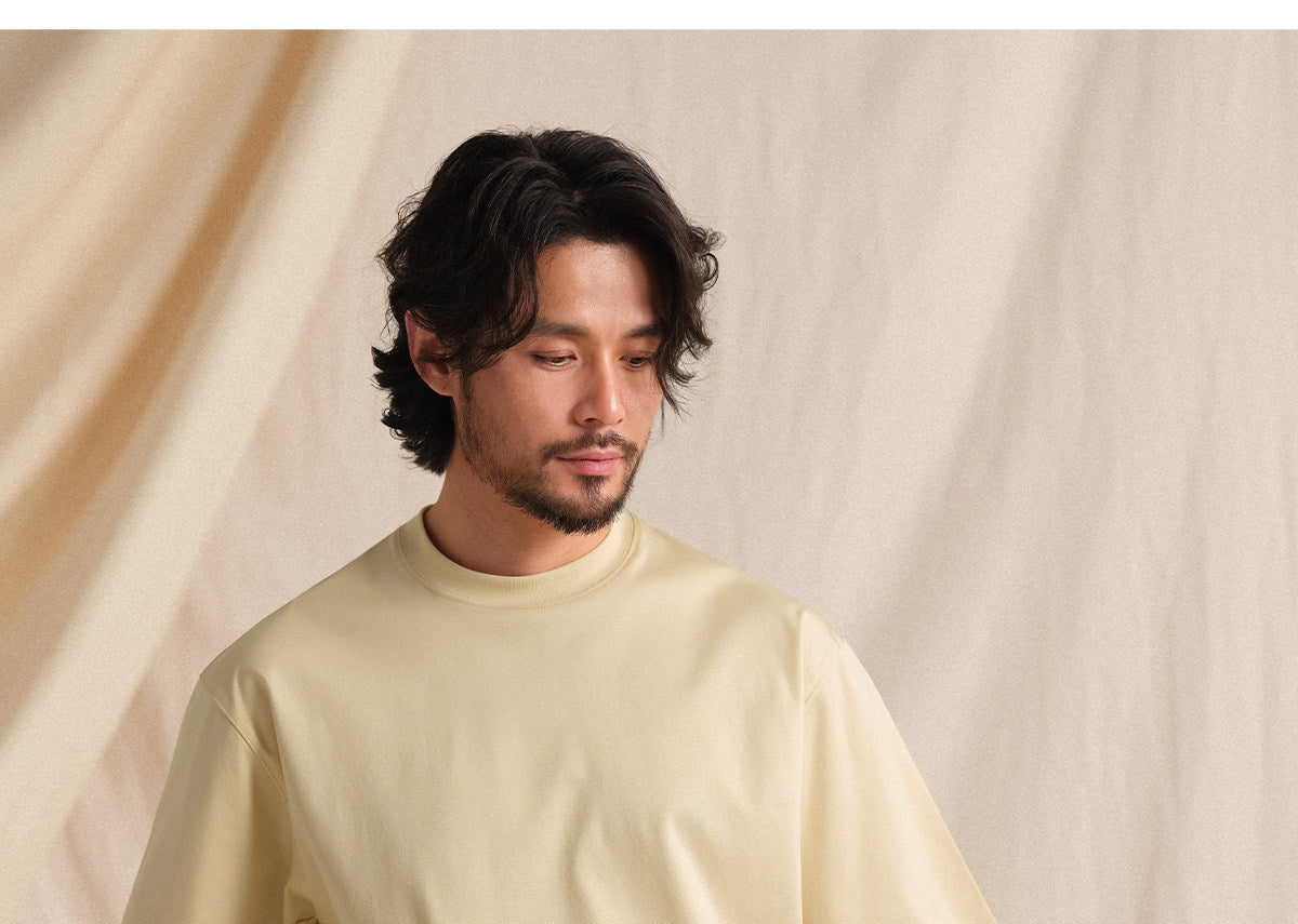 CULTUM high-count cotton crew neck tee, styled on model
