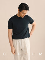 CULTUM knit crewneck tee, styled on model