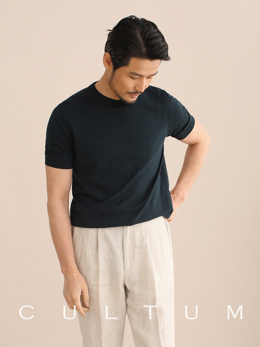 CULTUM knit crewneck tee, styled on model