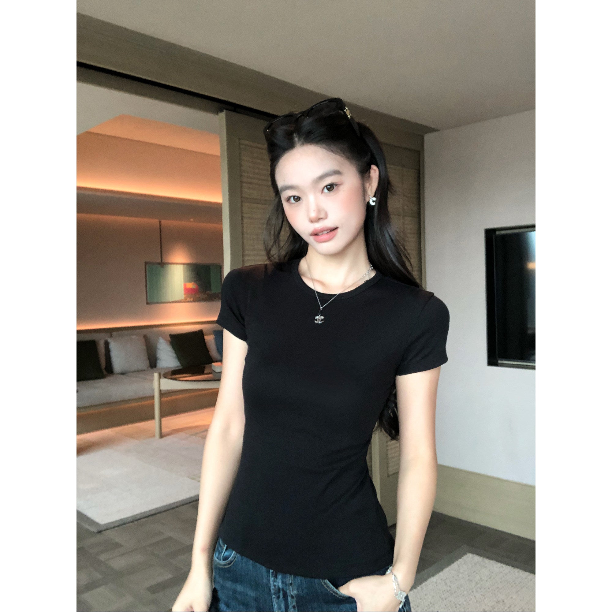 Crew-Neck Knit-Shoulder Tee