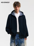 Neverneed reversible hooded cardigan in bonded cotton knit