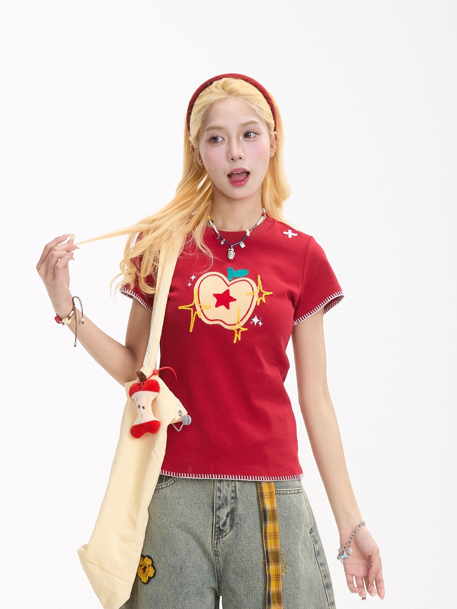 NERESUM apple embroidery slim tee for women, front view