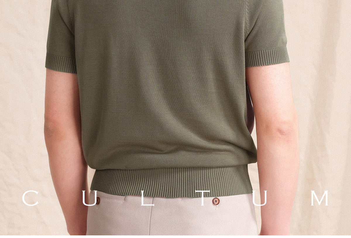 CULTUM knit polo shirt, styled on model