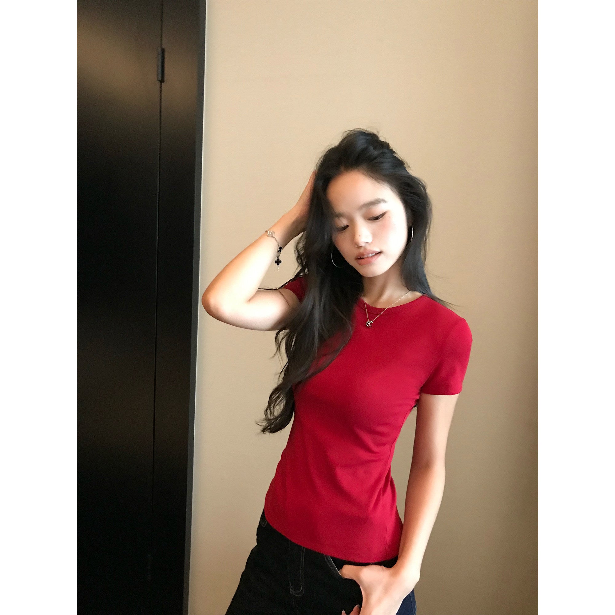 Crew-Neck Knit-Shoulder Tee