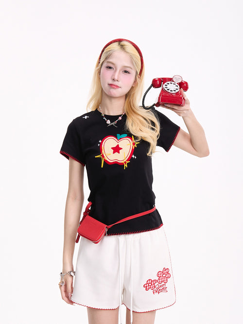 NERESUM apple embroidery tee, embroidery detail