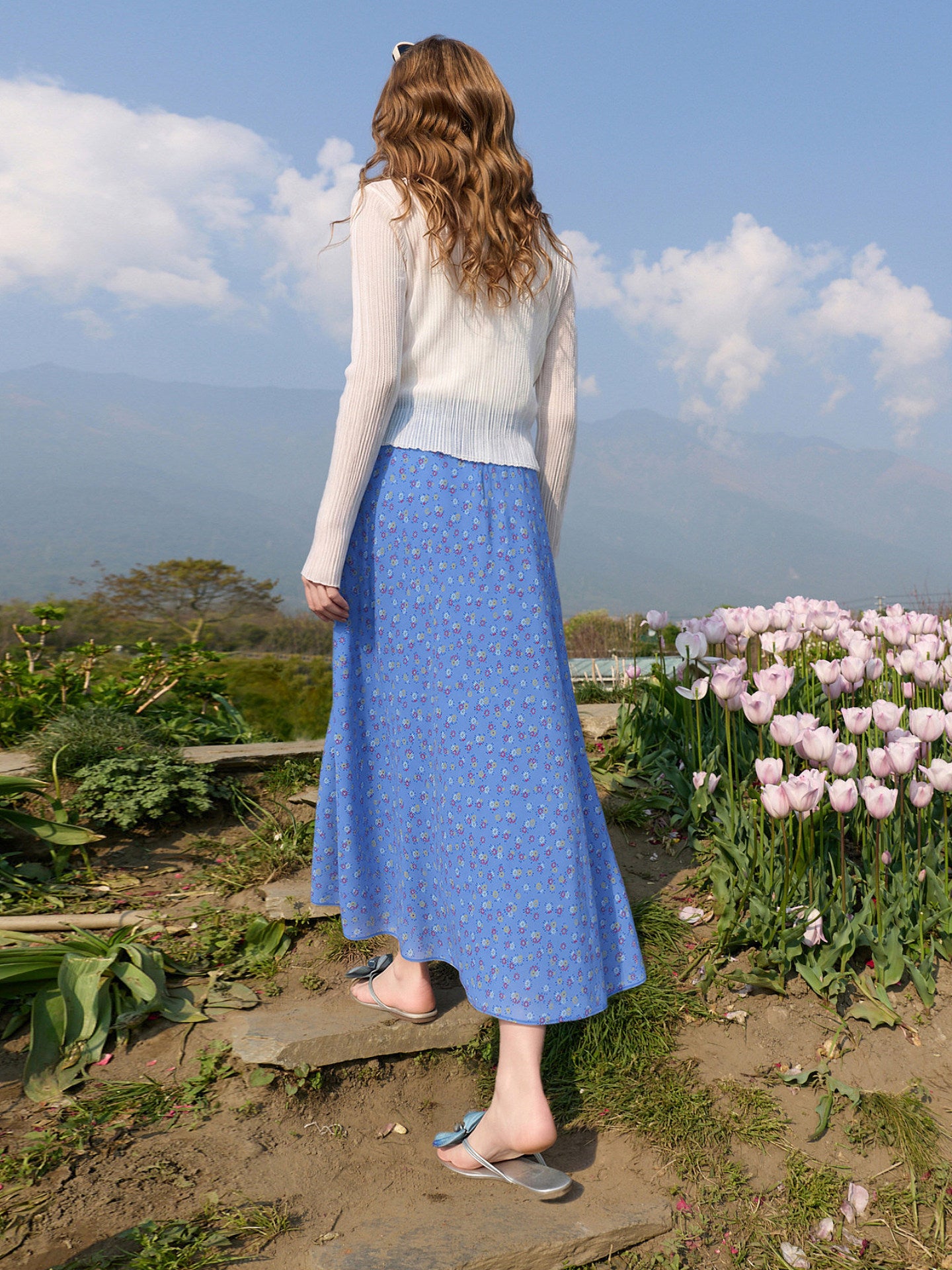 SANCAI printed floral chiffon maxi skirt, styled on model
