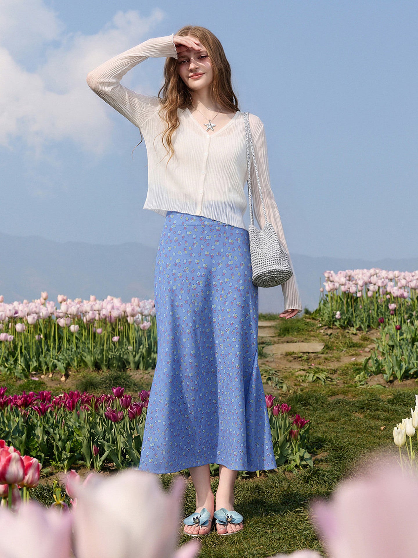 Printed Floral Chiffon Maxi Skirt