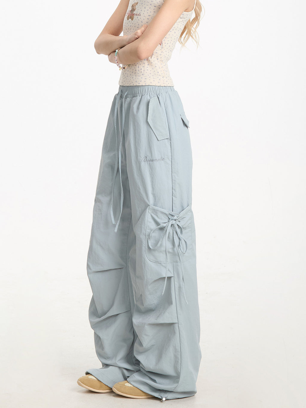 NERESUM straight-leg cargo pants, bow tie-waist detail