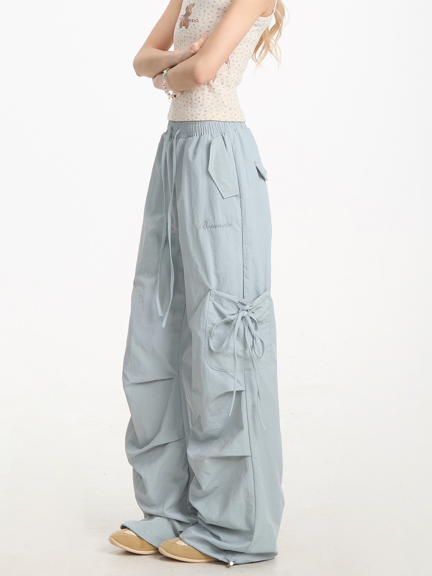 NERESUM straight-leg cargo pants, bow tie-waist detail