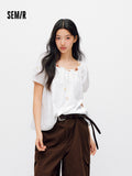 SEMIR puff-sleeve beaded neck tee for women, front view